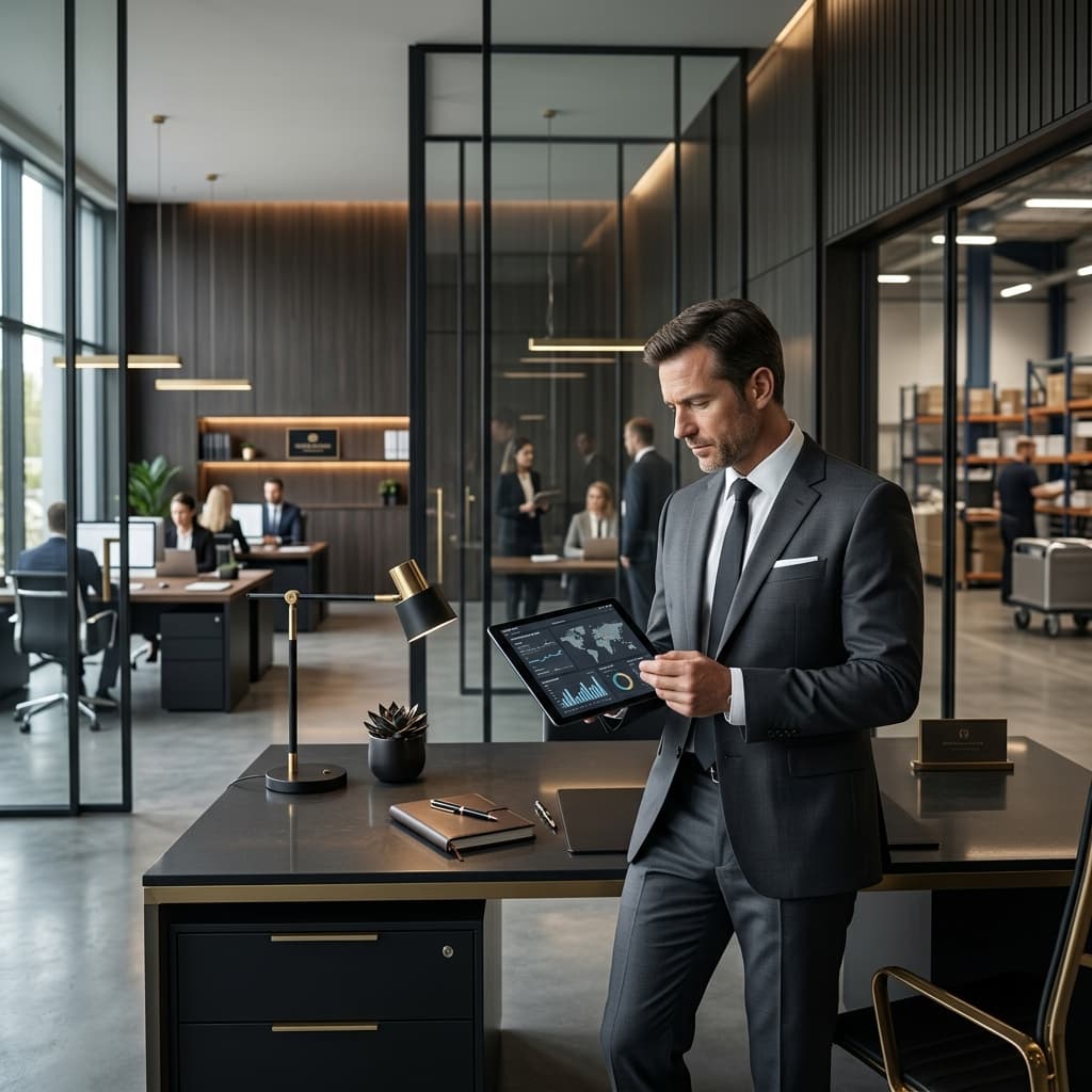 Professional European funeral home manager reviewing supply chain and wholesale coffin data on a tablet.