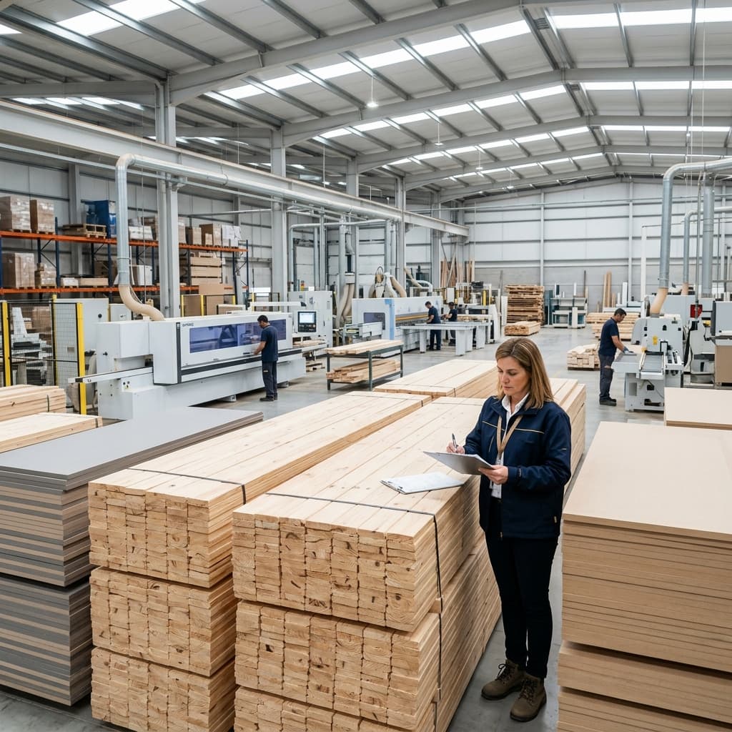 High-quality B2B corporate shot of a large, modern coffin woodworking factory in Portugal.